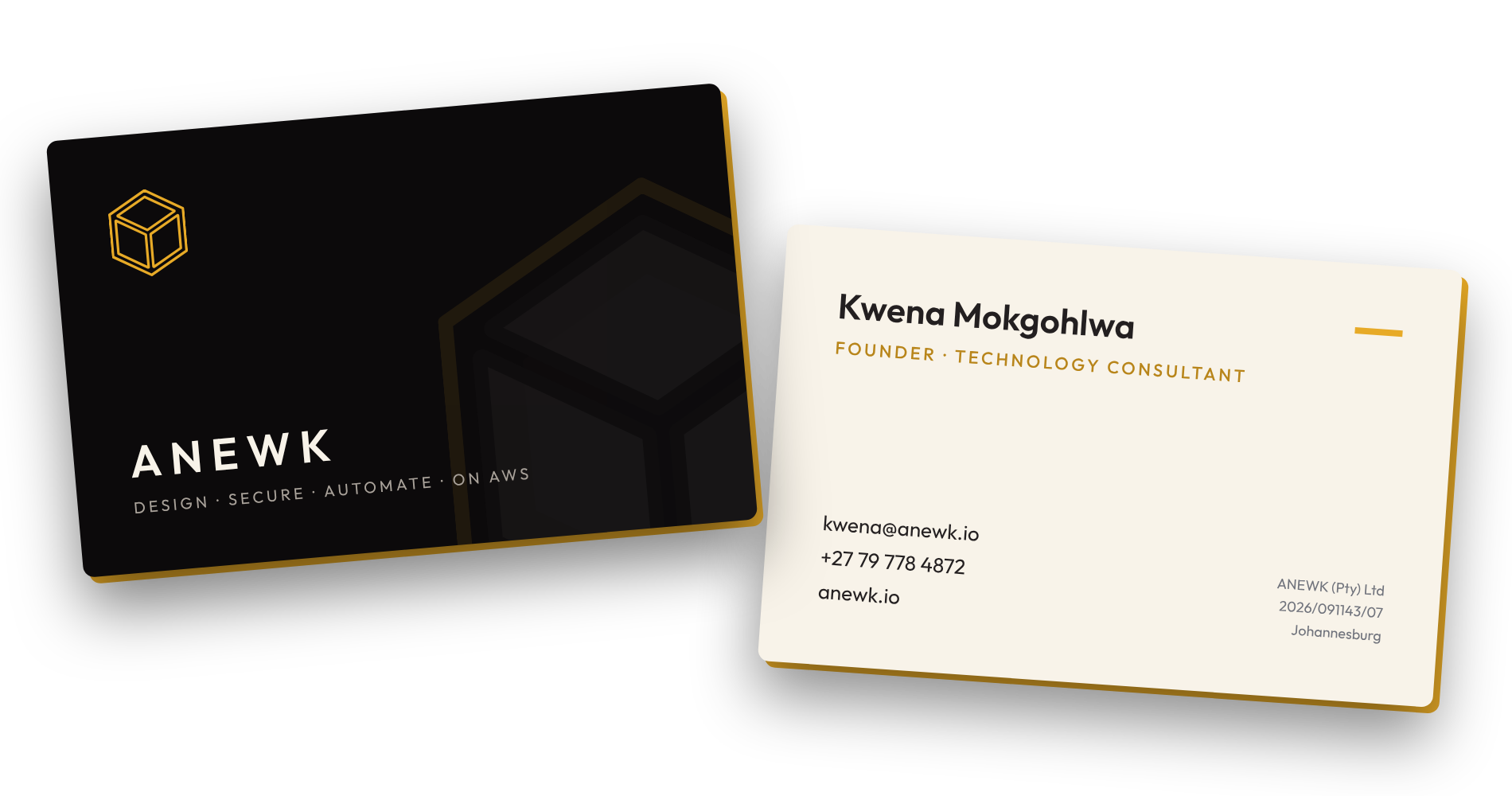 ANEWK Luxe business card concept: ink front with a gold tesseract, cream back