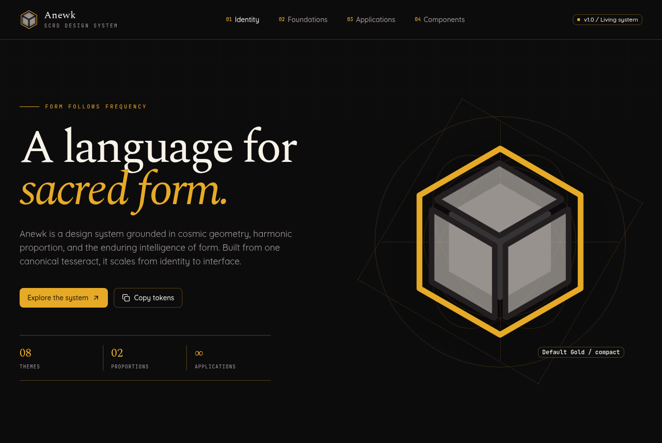 The ANEWK SCRD design system home page with a gold tesseract mark