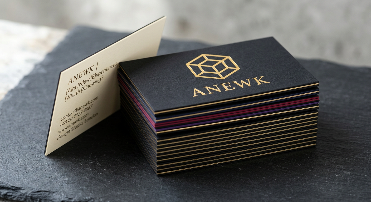 Thick black ANEWK business cards with gold foil logo and a coloured seam through the card edge