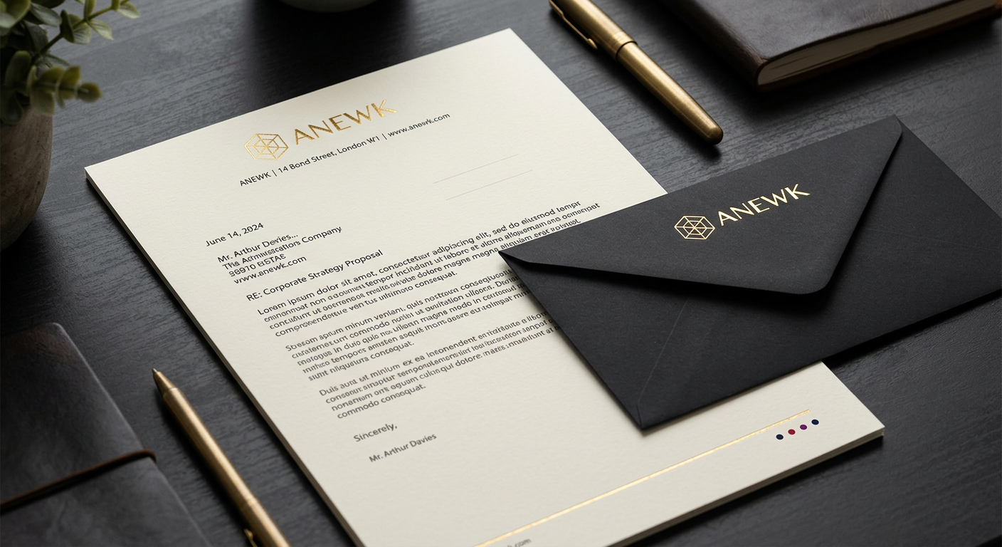 Cream ANEWK letterhead with gold foil logo beside a black envelope